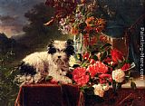 Terriers Paintings - Camellias And A Terrier On A Console by Adriana-Johanna Haanen